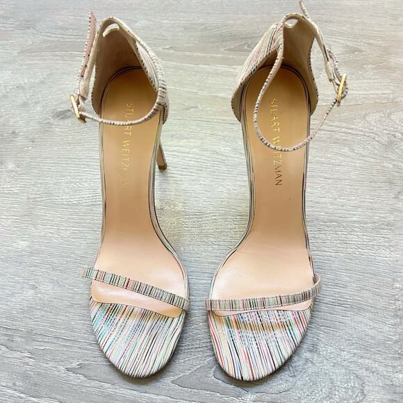 Stuart Weitzman Nudistsong Ankle Strap Striped Leather Heels Sandals Sz 10.5 - Picture 5 of 9